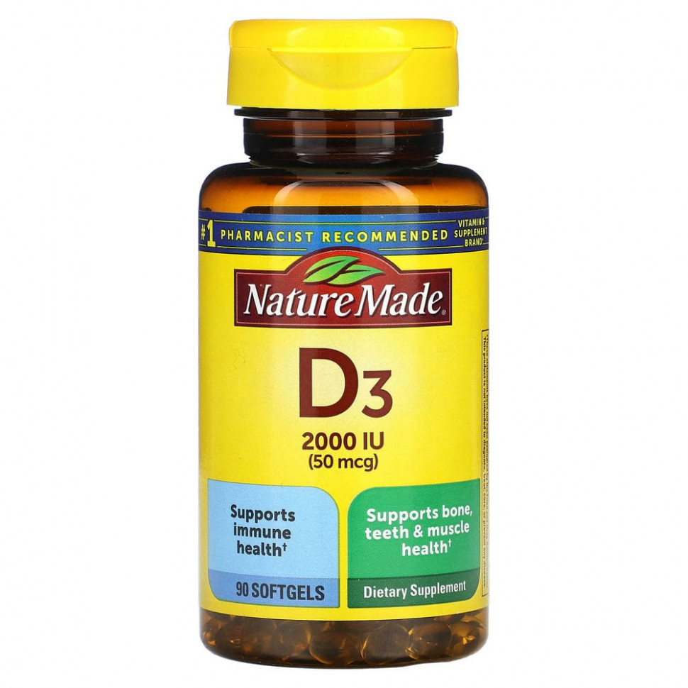   (Iherb) Nature Made, Vitamin D3, 50 mcg, 90 Softgels    -     , -, 