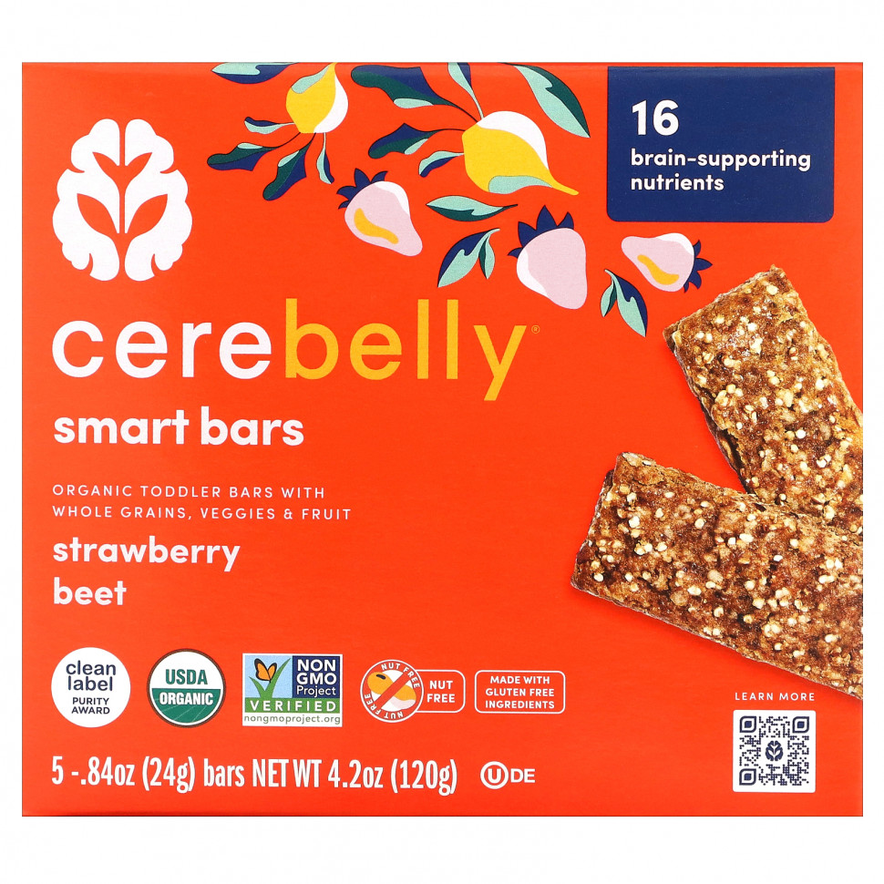   (Iherb) Cerebelly, Smart Bars, Organic Toddler Bars, Strawberry Beet, 5 Bars, 0.84 oz (24 g) Each    -     , -, 