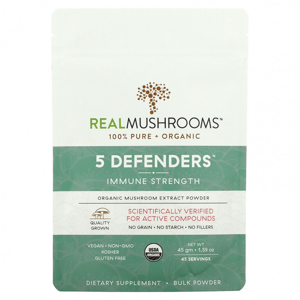 ���� ������ (Iherb) Real Mushrooms, Organic, 5 Defenders, ���������� ����������, 45 � (1,59 �����), ������ �� 5240 ���