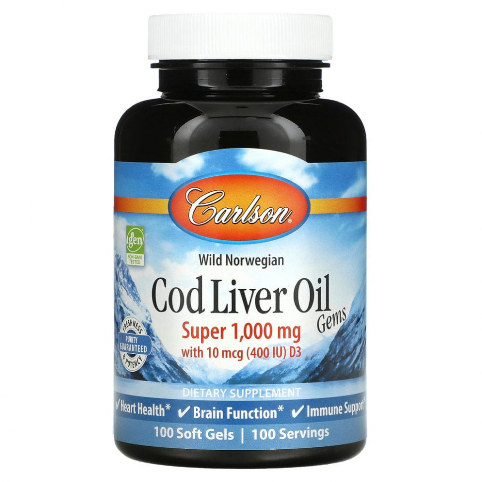 ���� ������ (Iherb) Carlson Labs, Wild Norwegian, Cod Liver Oil Gems, ��� ������ ����� ���������� ������ � ��������, ������� ��������, 1000 ��, 100 ������, ������ �� 2400 ���