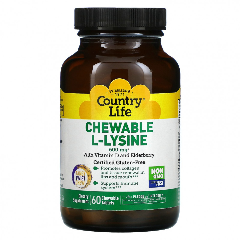   (Iherb) Country Life, Chewable L-Lysine, With Vitamin D and Elderberry, 300 mg, 60 Chewable Tablets    -     , -, 