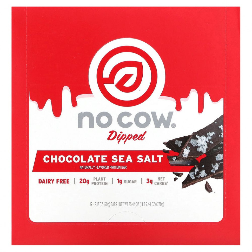   (Iherb) No Cow, Dipped Protein Bar, Chocolate Sea Salt, 12 Bars, 2.12 oz (60 g) Each    -     , -, 