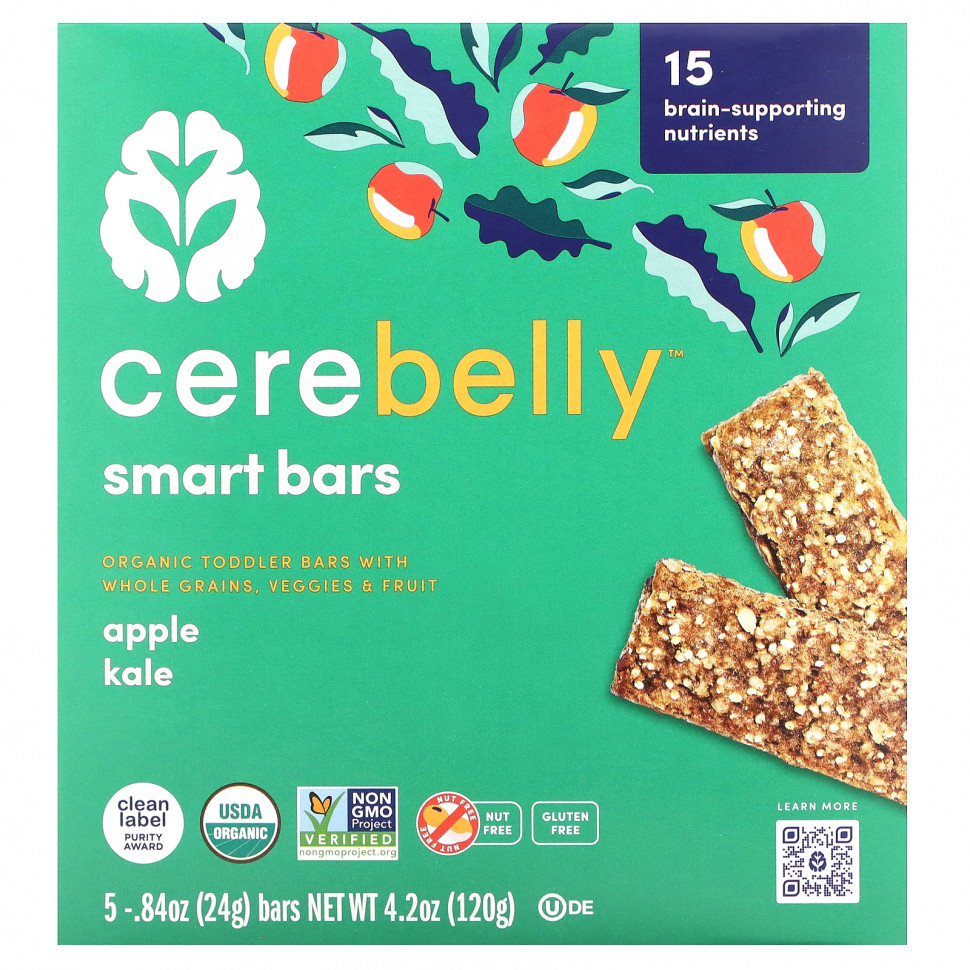   (Iherb) Cerebelly, Smart Bars, Organic Toddler Bars, Apple Kale, 5 Bars, 0.84 oz (24 g) Each    -     , -, 