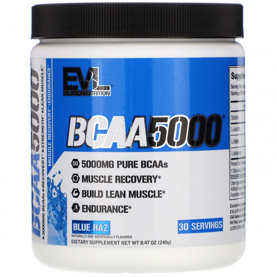   (Iherb) EVLution Nutrition, BCAA 5000, Blue Raz, 8.47 oz (240 g)    -     , -, 