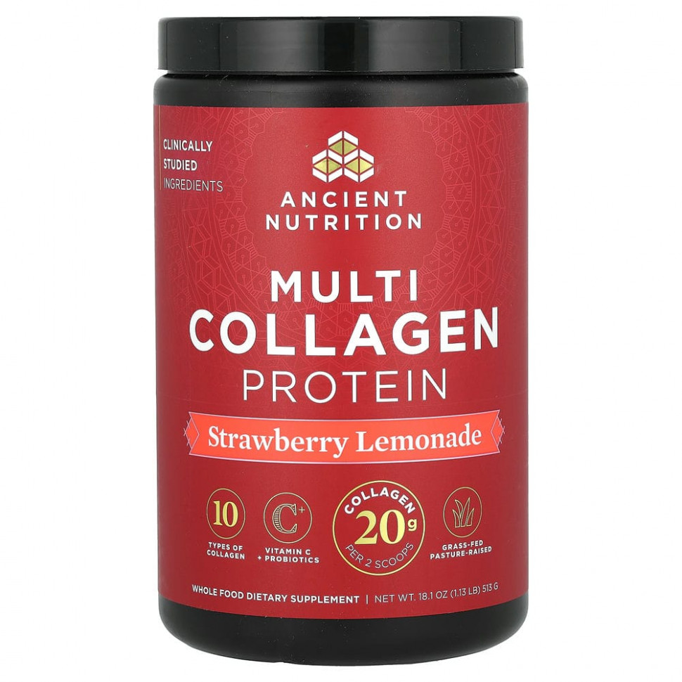   (Iherb) Dr. Axe / Ancient Nutrition, Multi Collagen Protein, Strawberry Lemonade, 1.18 lbs (535.5 g)    -     , -, 