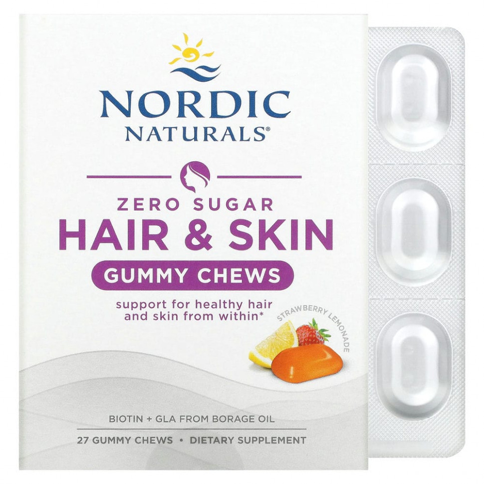   (Iherb) Nordic Naturals, Zero Sugar Hair & Skin Gummy Chews, Strawberry Lemonade, 27 Gummy Chews    -     , -, 