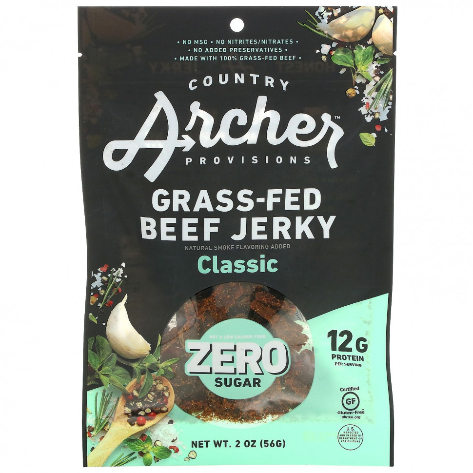   (Iherb) Country Archer Jerky, Grass-Fed Beef Jerky, Classic, 2 oz (56 g)    -     , -, 