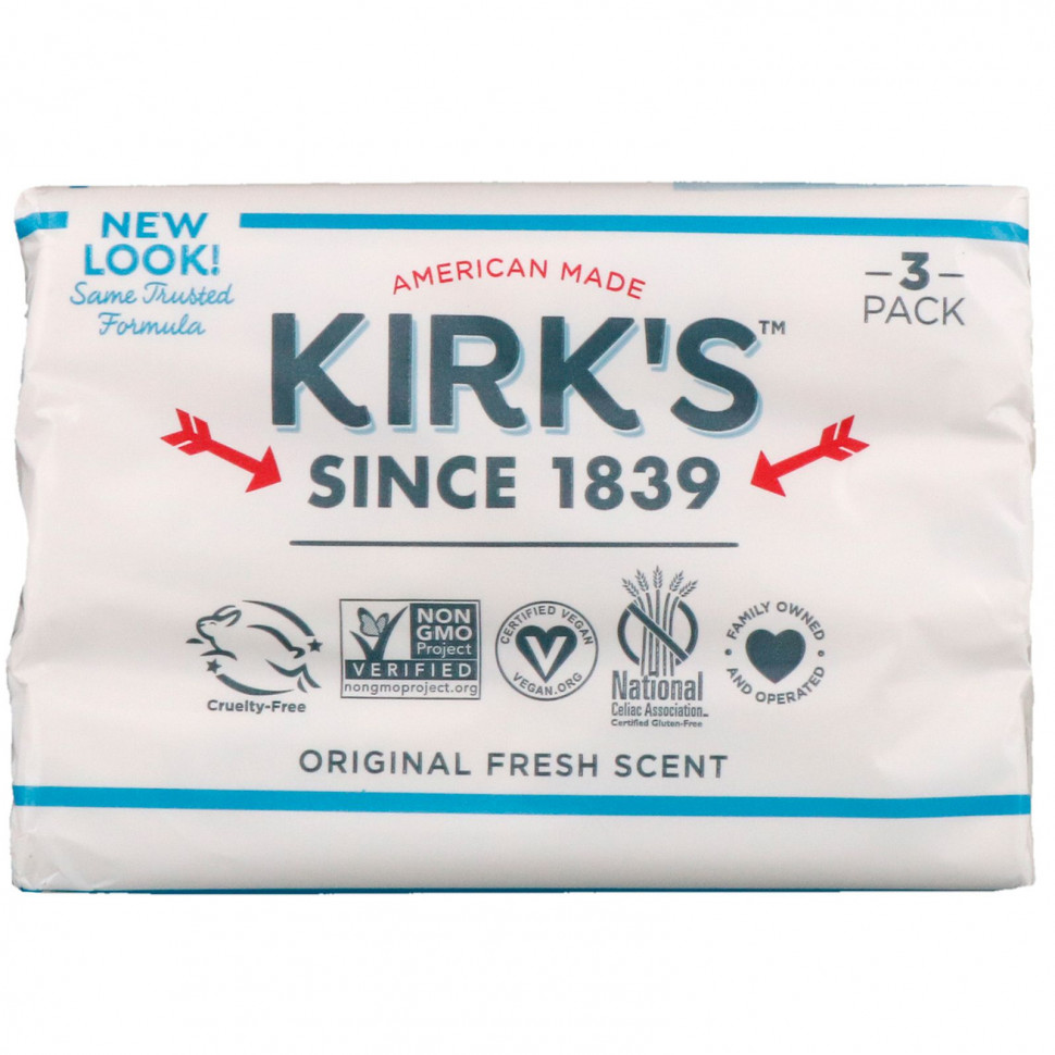   (Iherb) Kirk's, Gentle Castile Soap Bar, Original Fresh Scent, 3 Bars, 4 oz (113 g) Each    -     , -, 