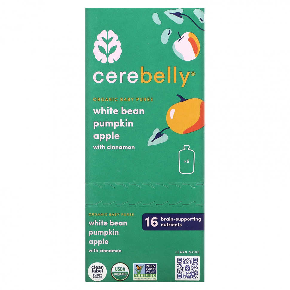   (Iherb) Cerebelly, Organic Baby Puree, White Bean, Pumpkin, Apple with Cinnamon, 6 Pouches, 4 oz (113 g) Each    -     , -, 