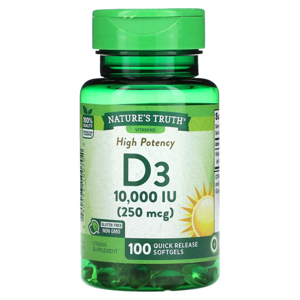   (Iherb) Nature's Truth, Vitamin D3, High Potency, 250 mcg (10,000 IU), 100 Quick Release Softgels    -     , -, 