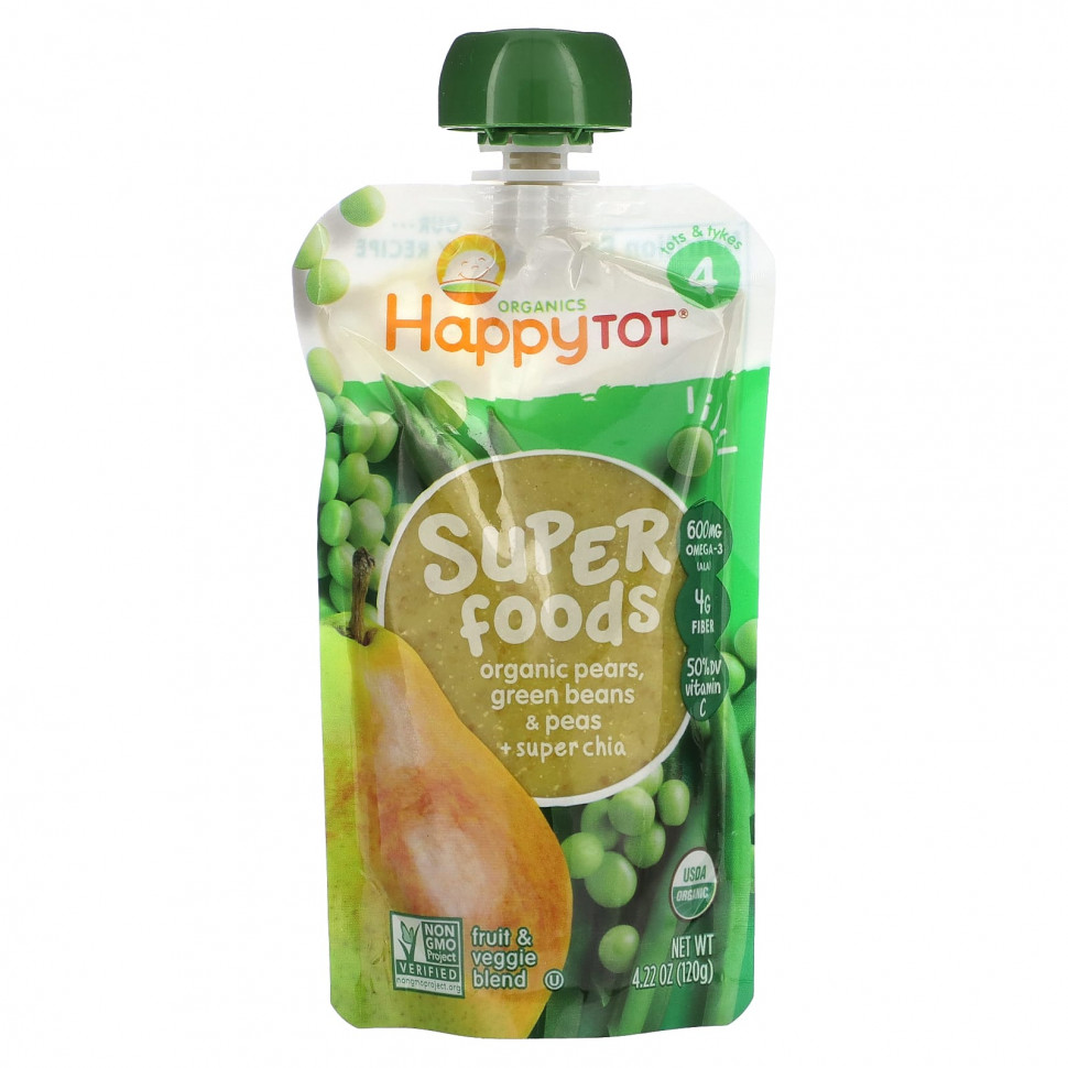   (Iherb) Happy Family Organics, Happytot, Superfoods, Organic Pears, Green Beans & Peas + Super Chia, 4.22 oz (120 g),   540 