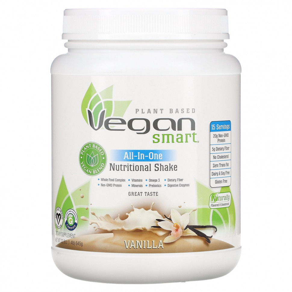   (Iherb) VeganSmart, All-In-One Nutritional Shake, Vanilla, 22.8 oz (645 g)    -     , -, 