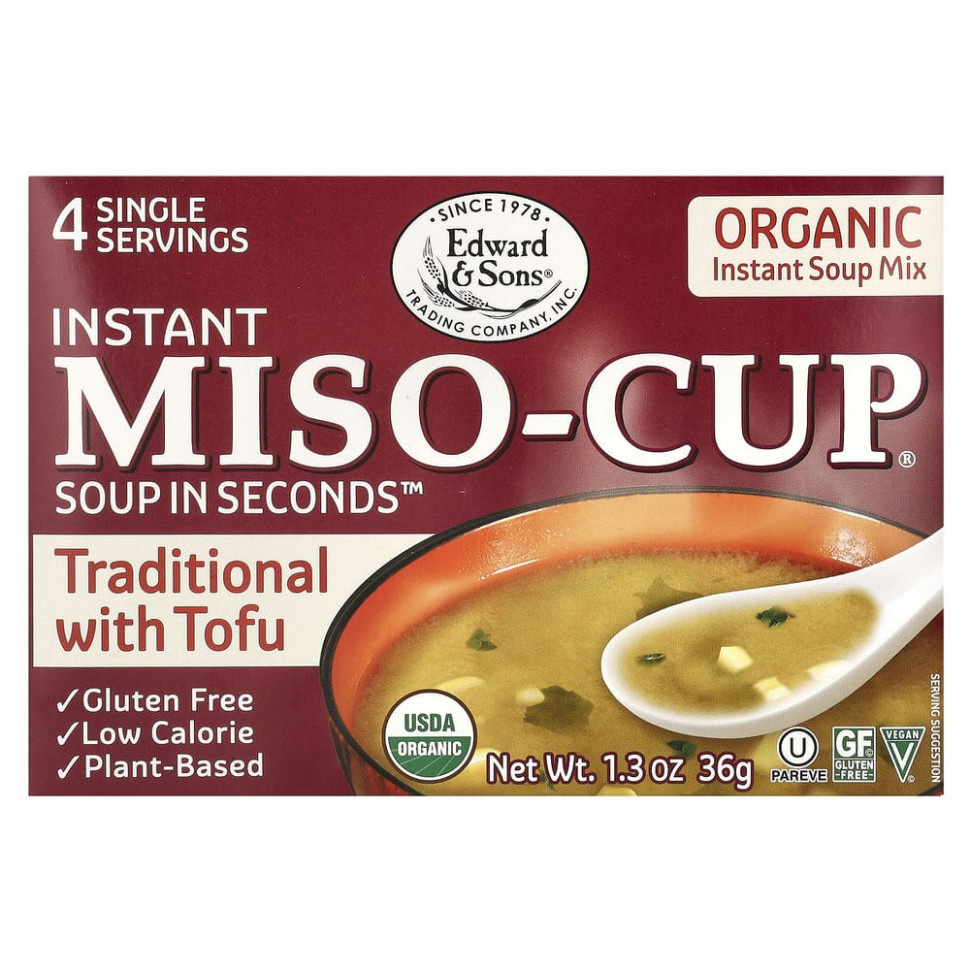���� ������ (Iherb) Edward & Sons, Instant Miso-Cup, ����-��� �������� �������������, ������������ ������ � ����, 4 ������, 36 � (1,3 �����), ������ �� 920 ���