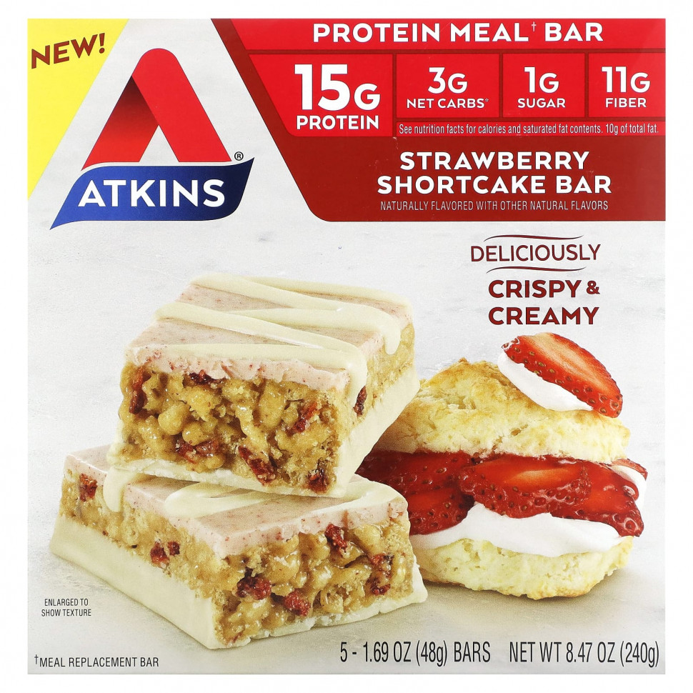 ���� ������ (Iherb) Atkins, Protein Meal Bar, �������� � ���������� ��������, 5 ����������, 48 � (1,69 �����), ������ �� 2550 ���