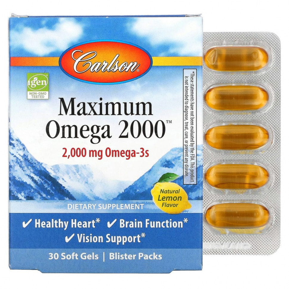   (Iherb) Carlson Labs, Maximum Omega 2000, Natural Lemon, 1,000 mg, 30 Softgels    -     , -, 