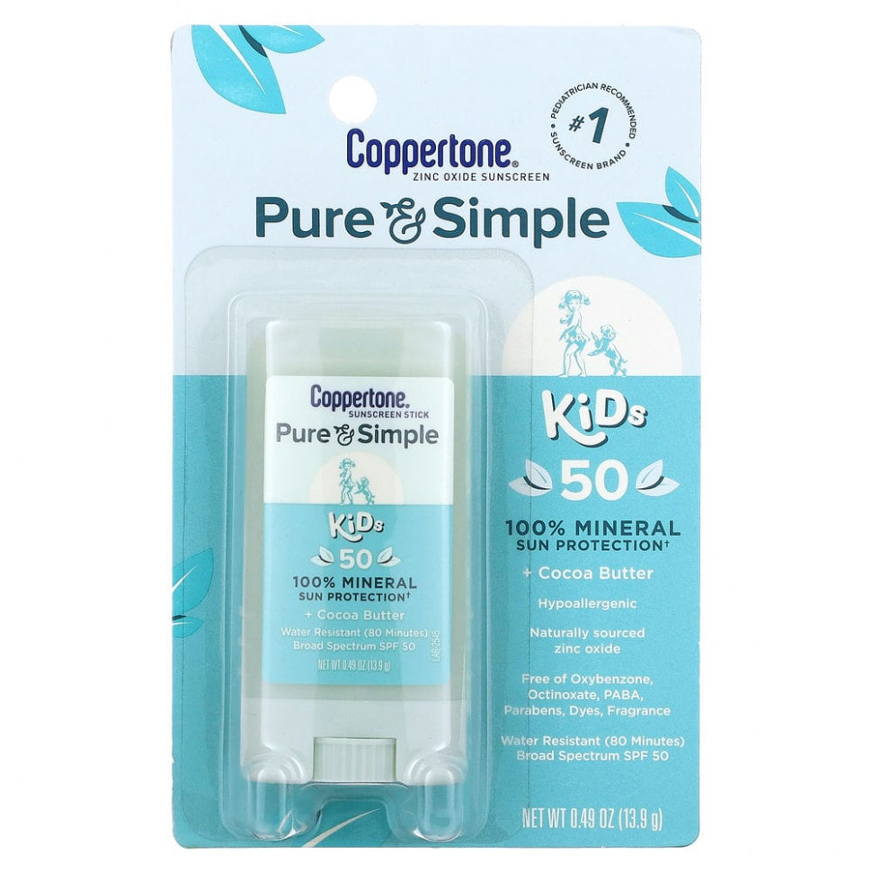 ���� ������ (Iherb) Coppertone, Pure & Simple, Kids, �������������� ���� ��� �����, SPF 50, �����-�����, 13,9 � (0,49 �����), ������ �� 1760 ���