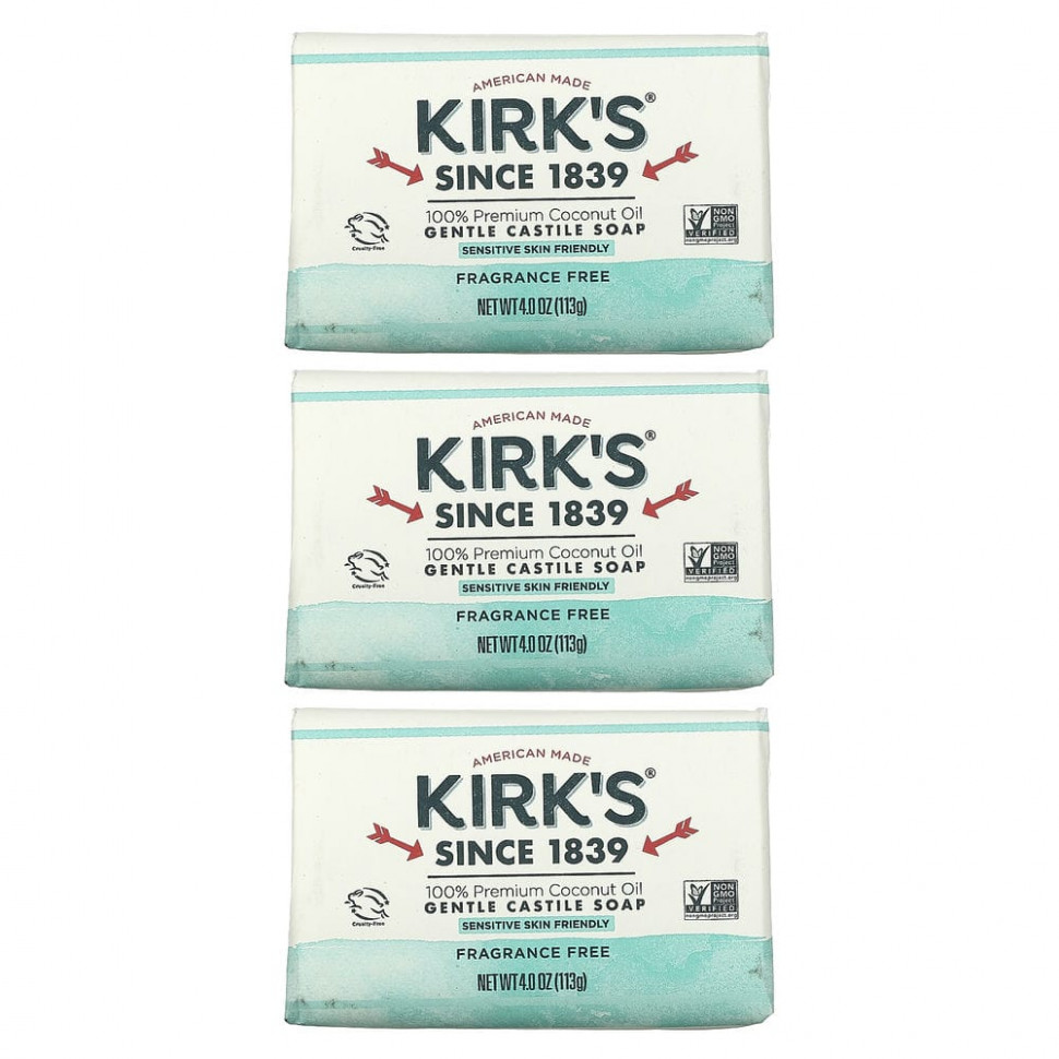   (Iherb) Kirk's, Gentle Castile Soap Bar, Fragrance Free, 3 Bars, 4.0 oz (113 g) Each    -     , -, 