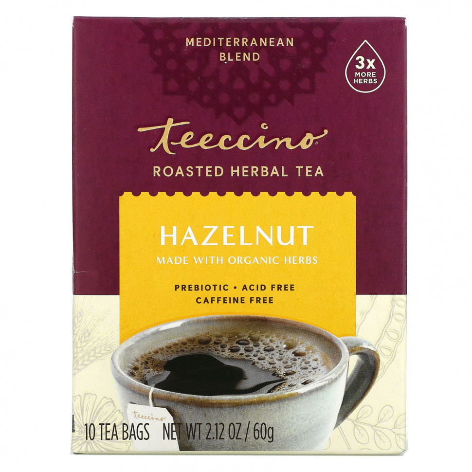   (Iherb) Teeccino, Roasted Herbal Tea, Hazelnut, Caffeine Free, 10 Tea Bags, 2.12 oz (60 g)    -     , -, 