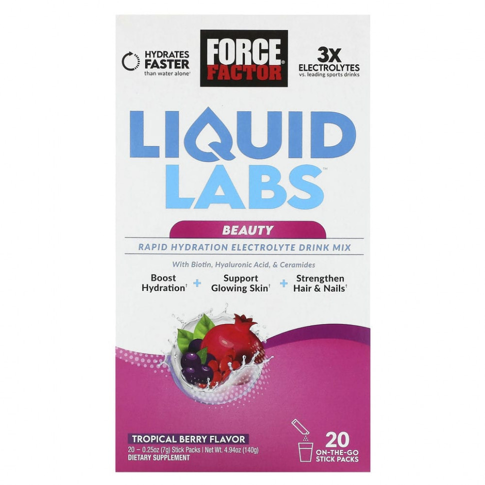 ���� ������ (Iherb) Force Factor, Liquid Labs Beauty, ����� ��� �������� ���������� � ������������, ����������� �����, 20 ��������� �� 7 � (0,25 �����), ������ �� 3300 ���