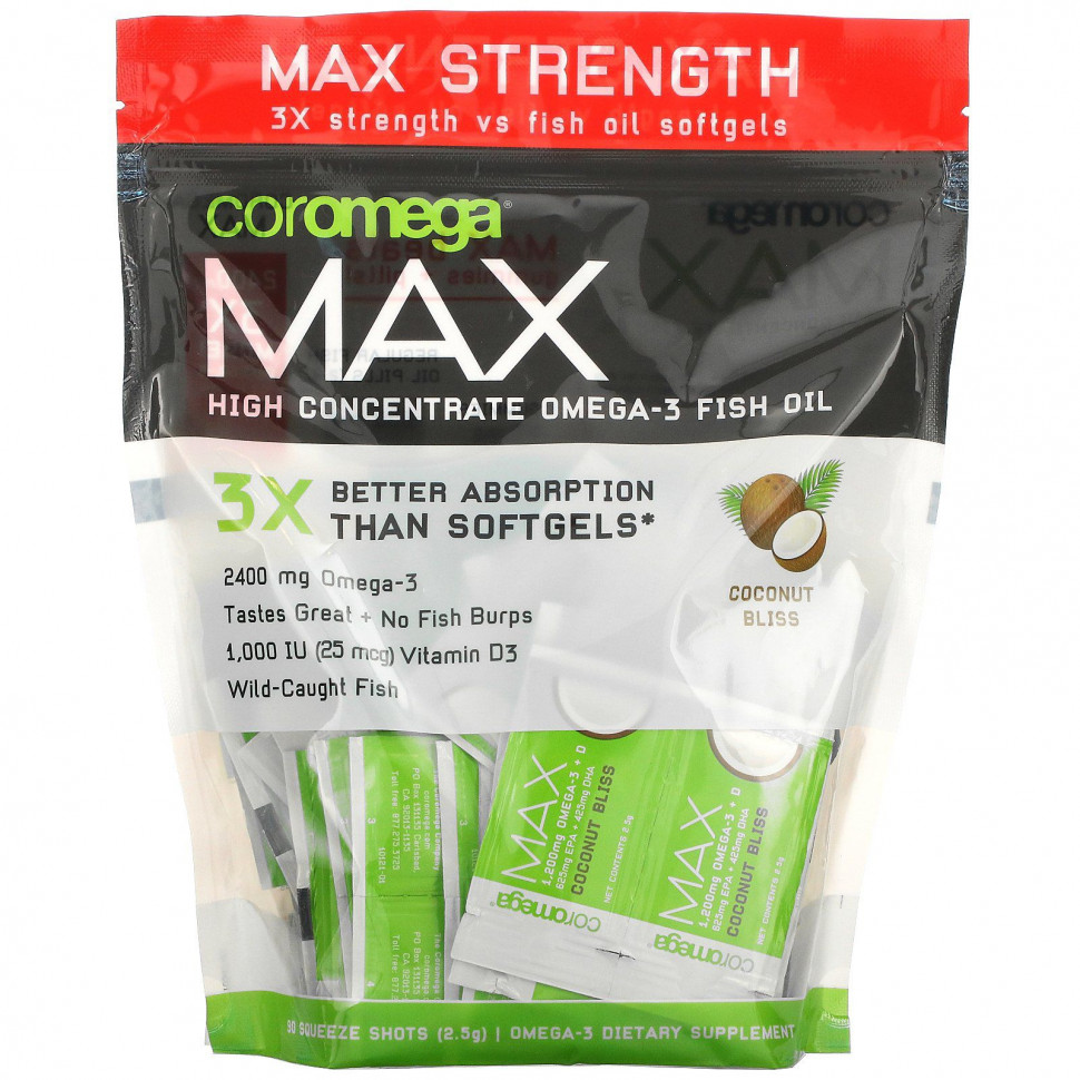 ���� ������ (Iherb) Coromega, Max High Concentrate Omega-3 Fish Oil, Coconut Bliss, 90 �������, 2,5 � ������, ������ �� 9050 ���