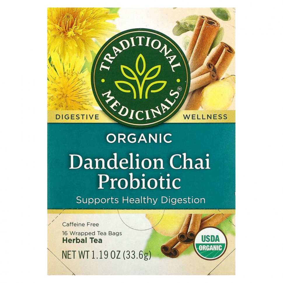 ���� ������ (Iherb) Traditional Medicinals, Organic Dandelion Chai Probiotic, �������������� ���� �����������, 16 ������ ���������, 33,6 � (1,19 �����), ������ �� 1210 ���