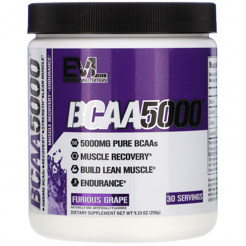   (Iherb) EVLution Nutrition, BCAA 5000, Furious Grape, 9.10 oz (258 g)    -     , -, 