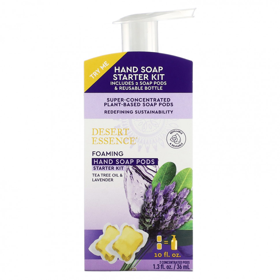   (Iherb) Desert Essence, Foaming Hand Soap Pods Starter Kit, Tea Tree Oil & Lavender, 2 Concentrated Pods, 1.3 fl oz (36 ml) + 1 Bottle, 10 fl oz (300 ml)    -     , -, 