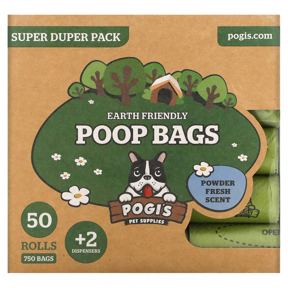 ���� ������ (Iherb) Pogi's Pet Supplies, Earth Friendly Poop Bags, Super Duper Pack, Powder Fresh, 50 Rolls, 750 Bags, 2 Dispensers, ������ �� 4730 ���