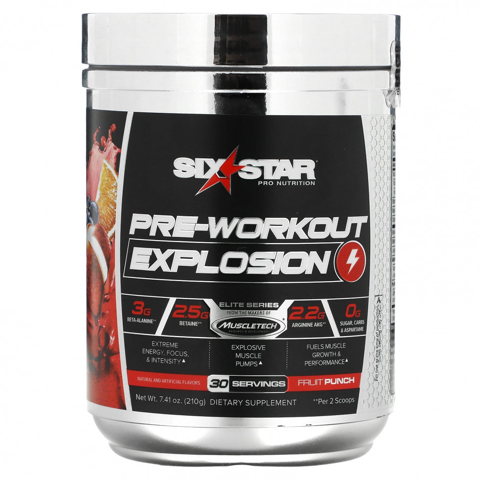   (Iherb) SIXSTAR, Pre-Workout Explosion, Fruit Punch, 7.41 oz (210 g)    -     , -, 