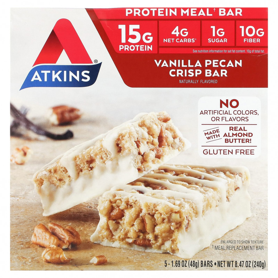 ���� ������ (Iherb) Atkins, Protein Meal Bar, Vanilla Pecan Crisp Bar, 5 Bars, 1.69 oz (48 g) Each, ������ �� 2610 ���