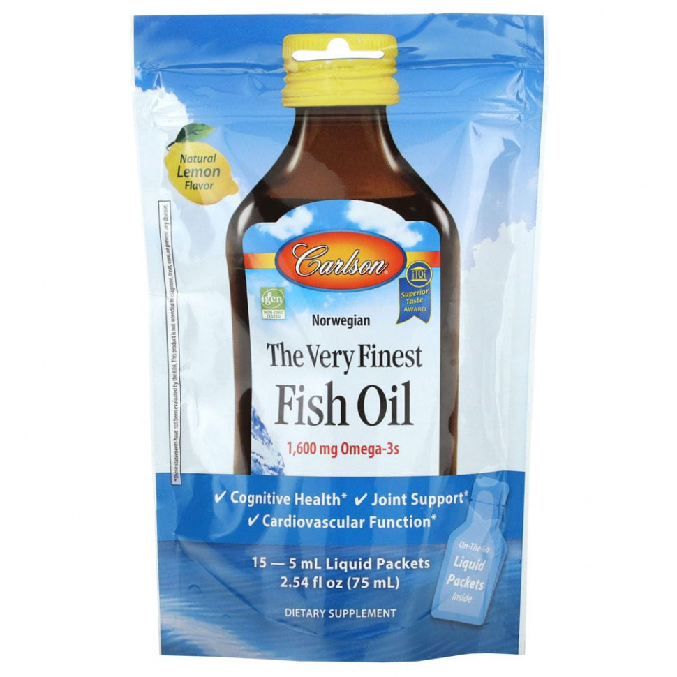   (Iherb) Carlson, Norwegian, The Very Finest Fish Oil, Natural Lemon, 1,600 mg, 15 Packets, (5 ml) Each    -     , -, 