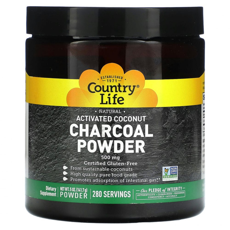   (Iherb) Country Life, Natural Activated Coconut Charcoal Powder, 500 mg, 5 oz (141.7 g)    -     , -, 