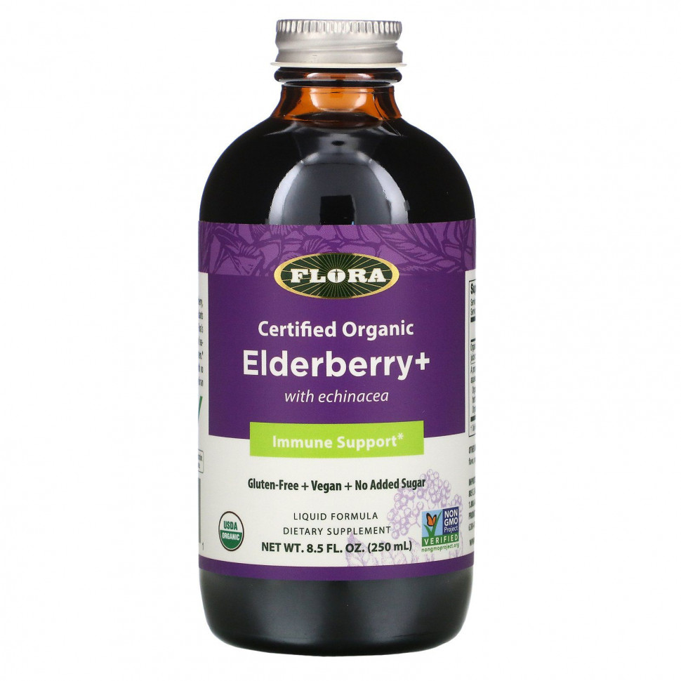   (Iherb) Flora, Certified Organic Elderberry +, 8.5 fl oz (250 ml)    -     , -, 