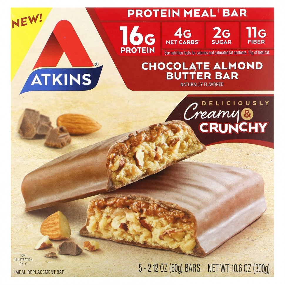 ���� ������ (Iherb) Atkins, Protein Meal Bar, �������� � ���������� � ���������� ������, 5 ���������� �� 60 � (2,12 �����), ������ �� 2630 ���