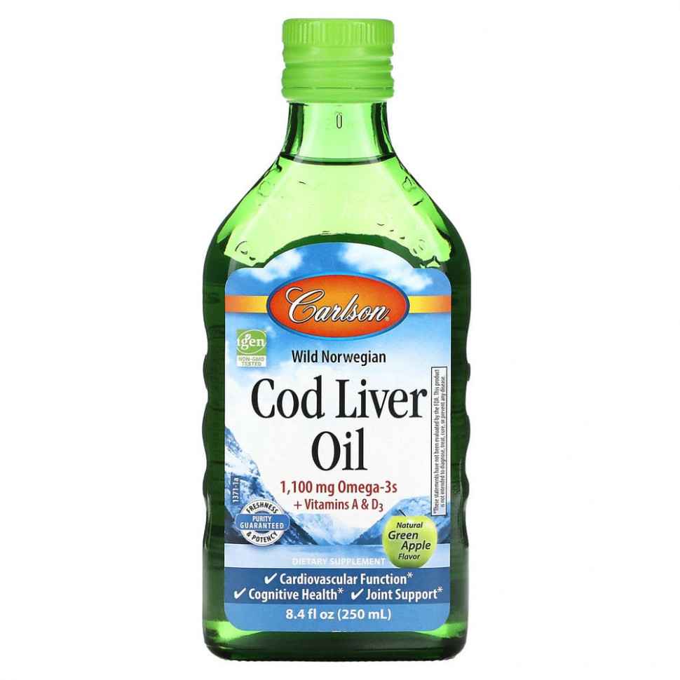   (Iherb) Carlson, Cod Liver Oil, Natural Green Apple , 1,100 mg, 8.4 fl oz (250 ml)    -     , -, 