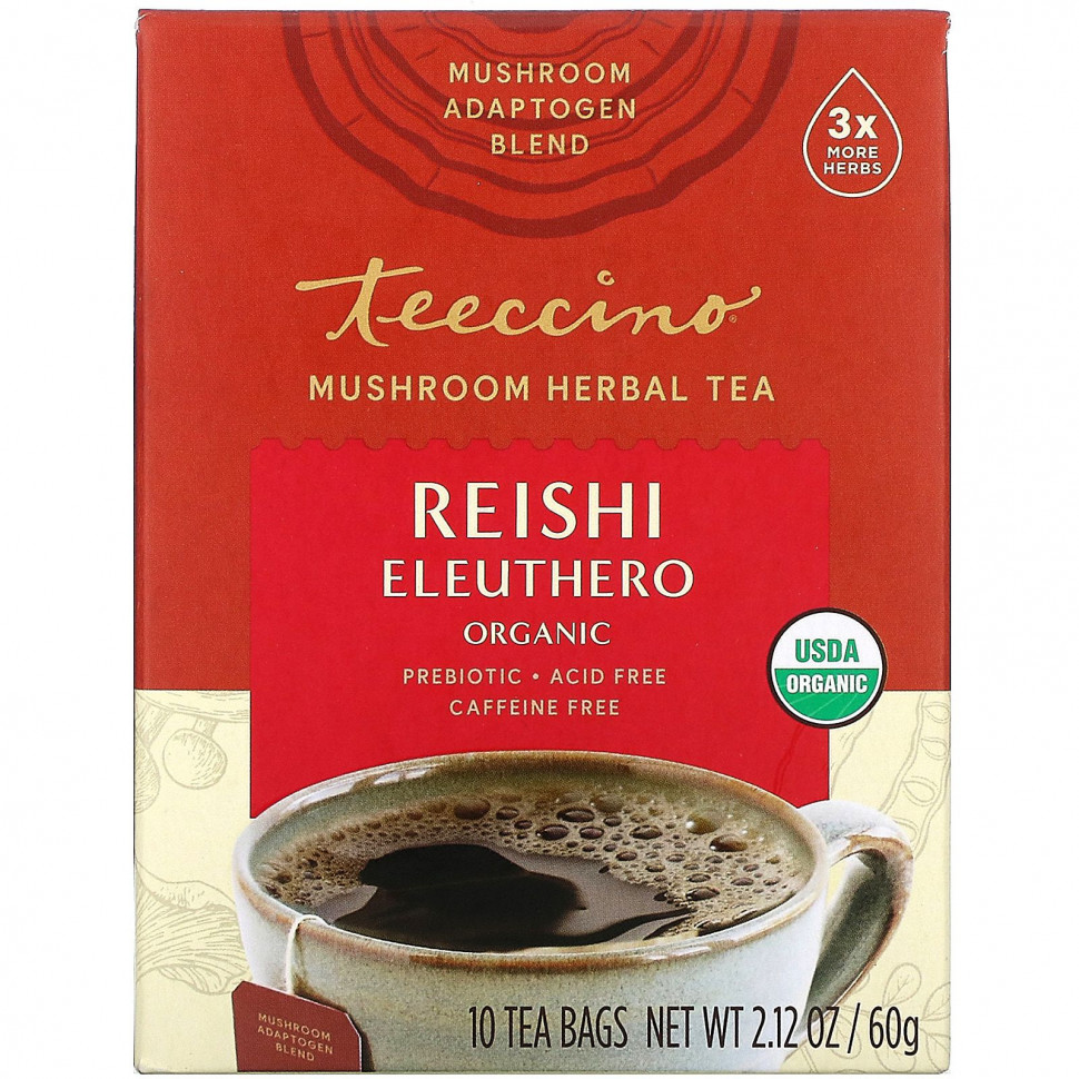   (Iherb) Teeccino, Mushroom Herbal Tea, Organic Reishi Eleuthero, French Roast, Caffeine Free, 10 Tea Bags, 2.12 oz (60 g)    -     , -, 