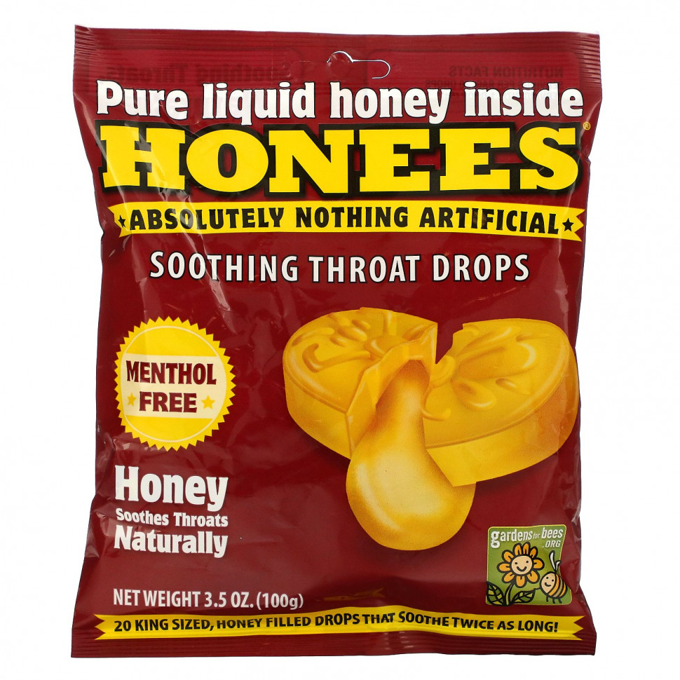   (Iherb) Honees, Cough Drops, Honey Menthol Free, 20 Cough Drops    -     , -, 