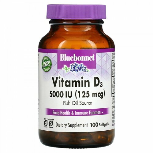 ���� Bluebonnet Nutrition, Vitamin D3, 125 mcg (5,000 IU), 100 Softgels, ������ �� 2490 ���
